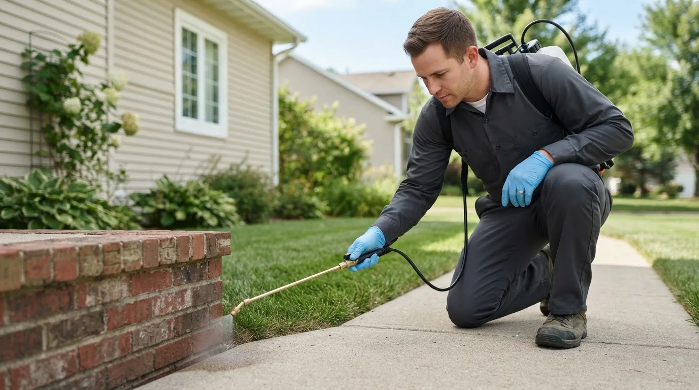 Pest control technician treating a home near Concord, NH