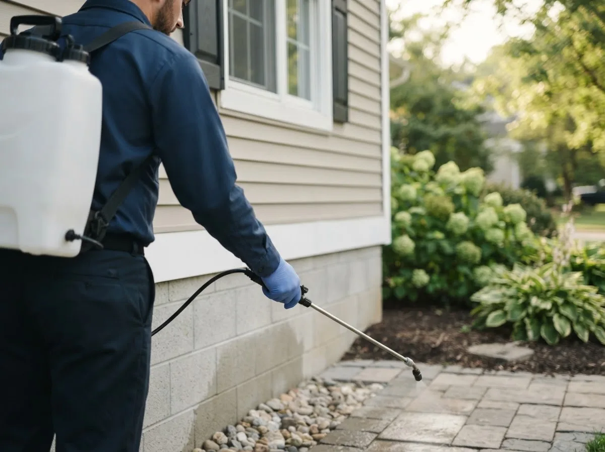 Pest control technician inspecting a home in Concord, NH